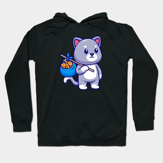 Cute Cat Bring Fish With Bag Cartoon Hoodie by Catalyst Labs